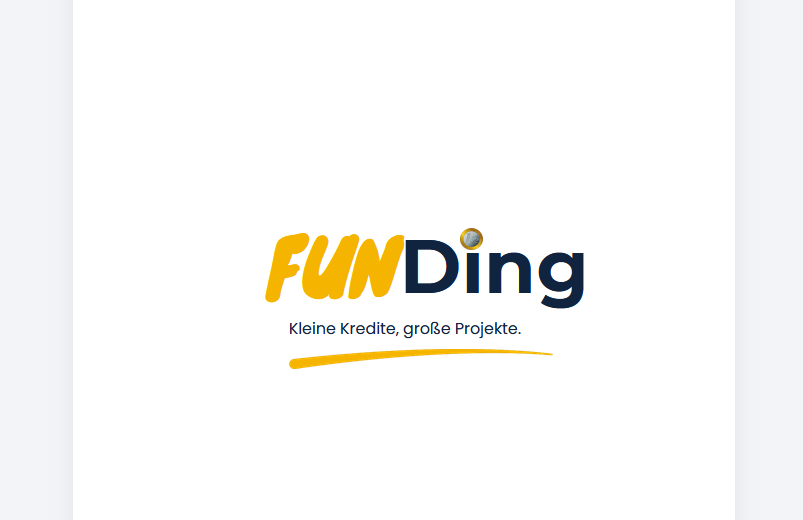 FunDing-Logoentwurf mit gelbem FUN, dunkelblauem Ding und dem Claim Kleine Kredite. Große Projekte.
